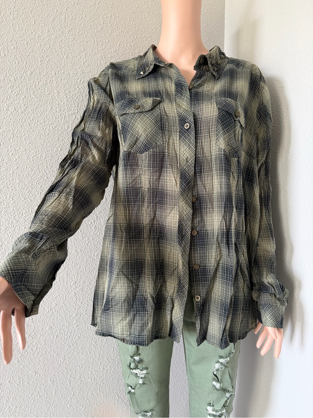 Torrid Olive Plaid Button-Down Shirt with Pyramid Studs